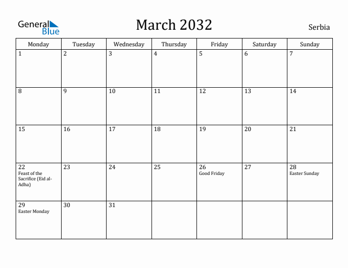 March 2032 Calendar Serbia