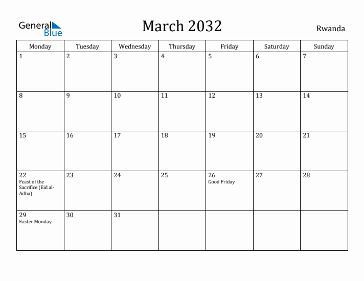 March 2032 Calendar Rwanda