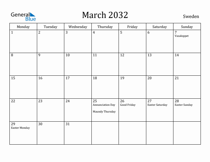 March 2032 Calendar Sweden
