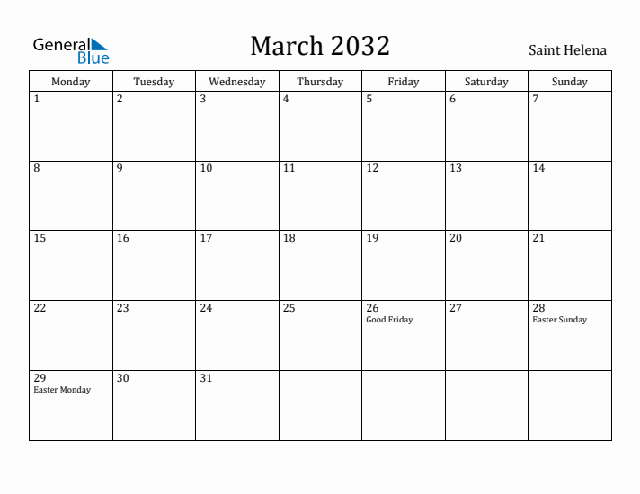 March 2032 Calendar Saint Helena