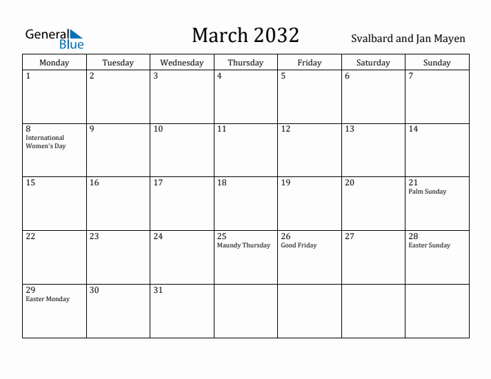 March 2032 Calendar Svalbard and Jan Mayen