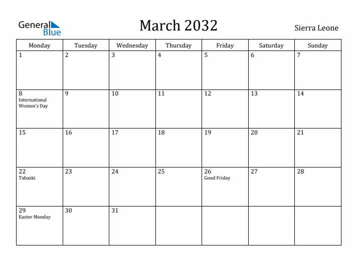 March 2032 Calendar Sierra Leone