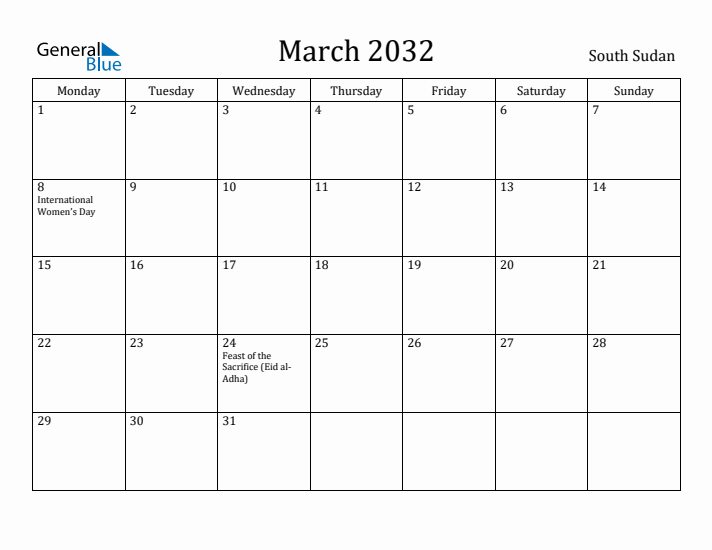 March 2032 Calendar South Sudan