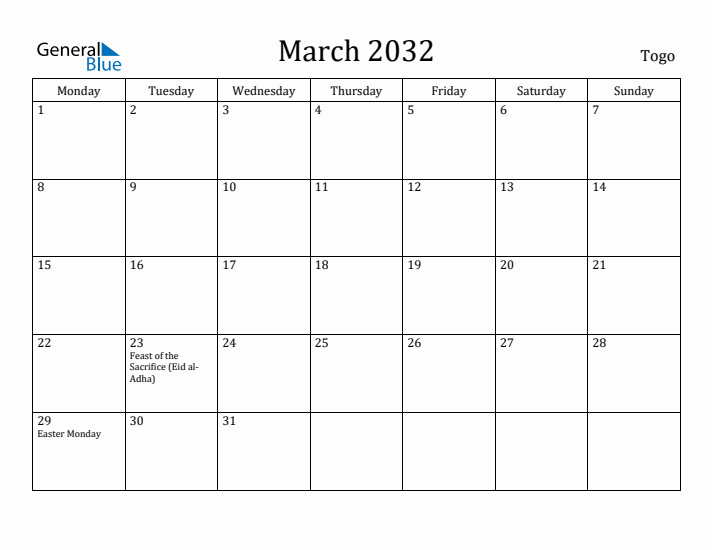 March 2032 Calendar Togo