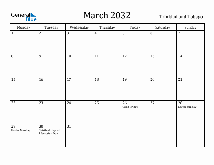 March 2032 Calendar Trinidad and Tobago