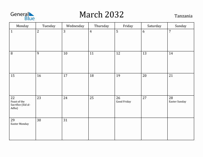 March 2032 Calendar Tanzania