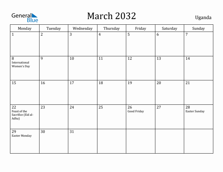 March 2032 Calendar Uganda