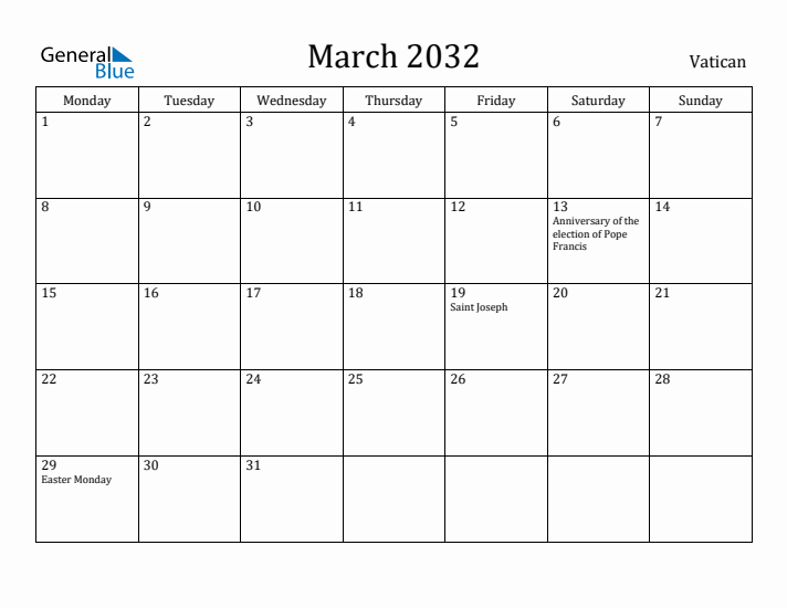 March 2032 Calendar Vatican