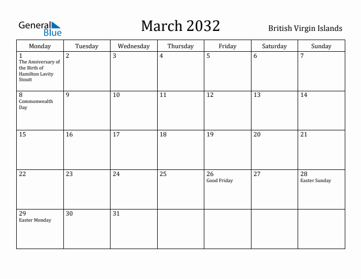 March 2032 Calendar British Virgin Islands