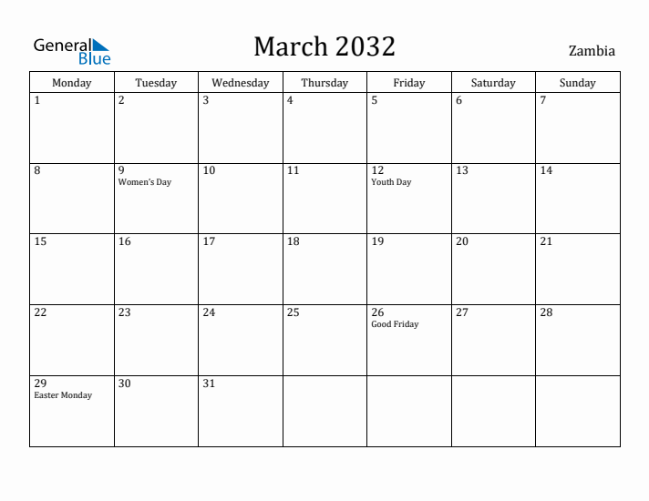 March 2032 Calendar Zambia