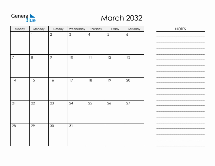 Printable Monthly Calendar with Notes - March 2032
