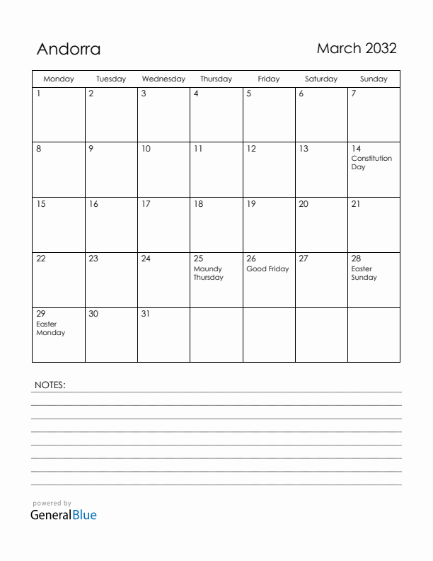 March 2032 Andorra Calendar with Holidays (Monday Start)