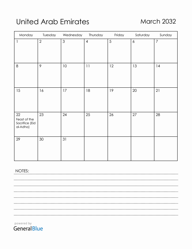 March 2032 United Arab Emirates Calendar with Holidays (Monday Start)