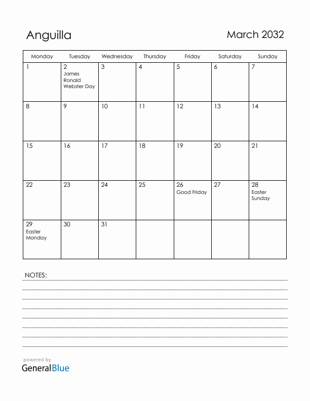 March 2032 Anguilla Calendar with Holidays (Monday Start)