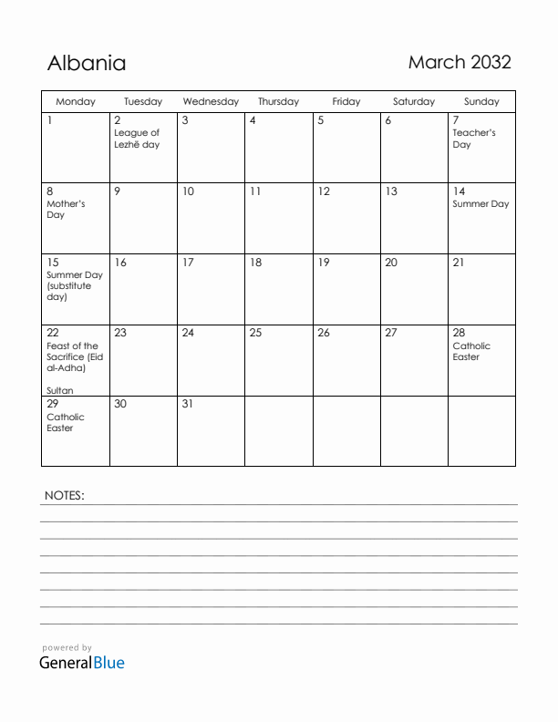 March 2032 Albania Calendar with Holidays (Monday Start)