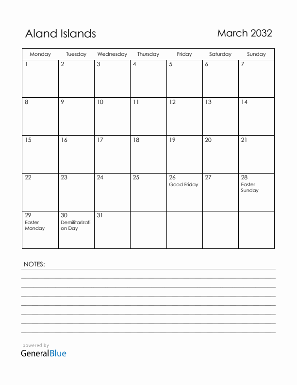 March 2032 Aland Islands Calendar with Holidays (Monday Start)
