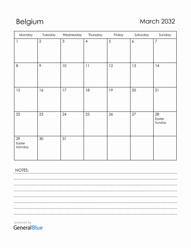 March 2032 Belgium Calendar with Holidays (Monday Start)