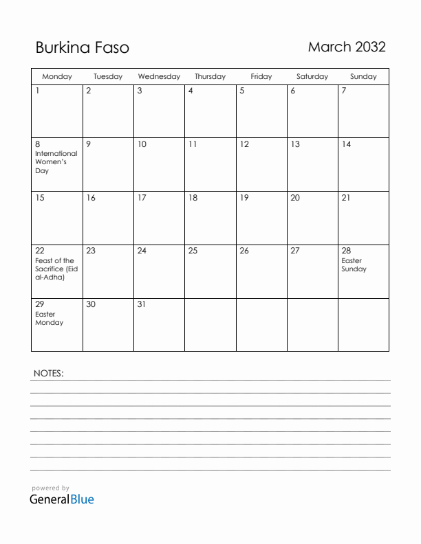 March 2032 Burkina Faso Calendar with Holidays (Monday Start)