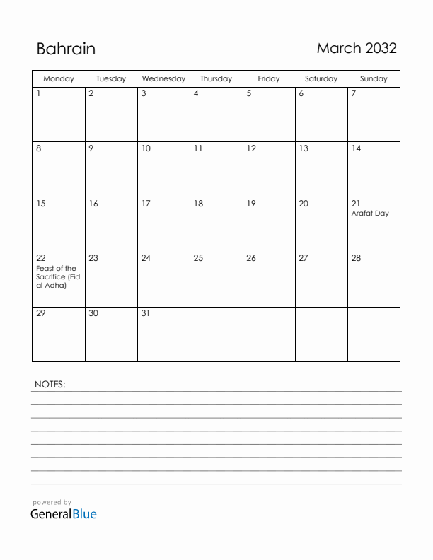 March 2032 Bahrain Calendar with Holidays (Monday Start)