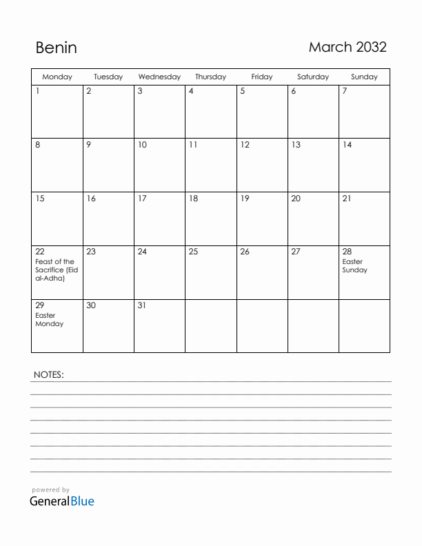 March 2032 Benin Calendar with Holidays (Monday Start)