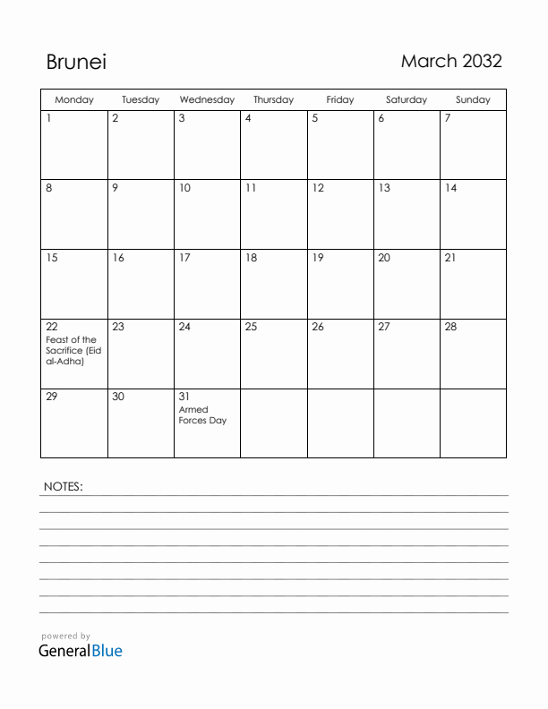 March 2032 Brunei Calendar with Holidays (Monday Start)