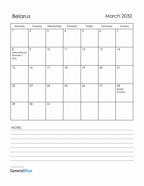 March 2032 Belarus Calendar with Holidays (Monday Start)
