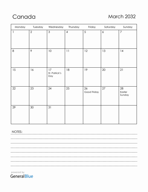 March 2032 Canada Calendar with Holidays (Monday Start)