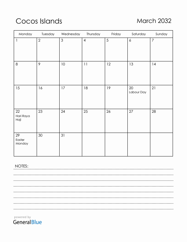 March 2032 Cocos Islands Calendar with Holidays (Monday Start)