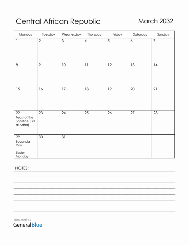 March 2032 Central African Republic Calendar with Holidays (Monday Start)