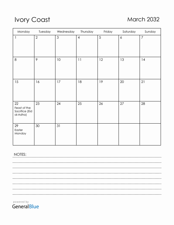 March 2032 Ivory Coast Calendar with Holidays (Monday Start)