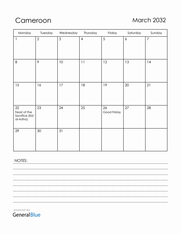 March 2032 Cameroon Calendar with Holidays (Monday Start)