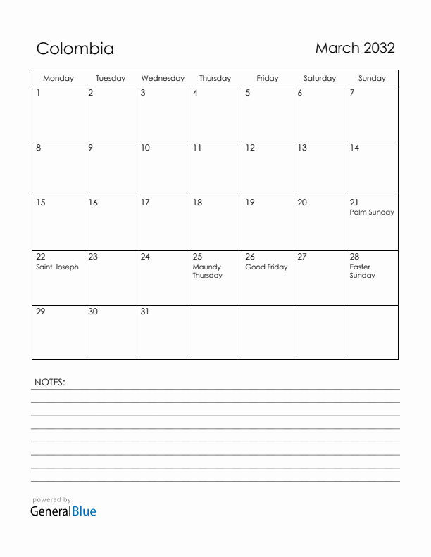 March 2032 Colombia Calendar with Holidays (Monday Start)