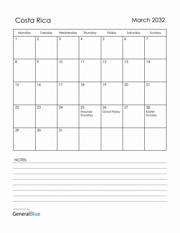 March 2032 Costa Rica Calendar with Holidays (Monday Start)