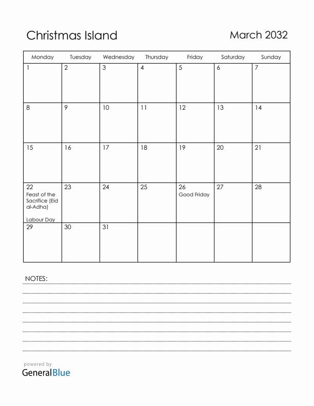 March 2032 Christmas Island Calendar with Holidays (Monday Start)