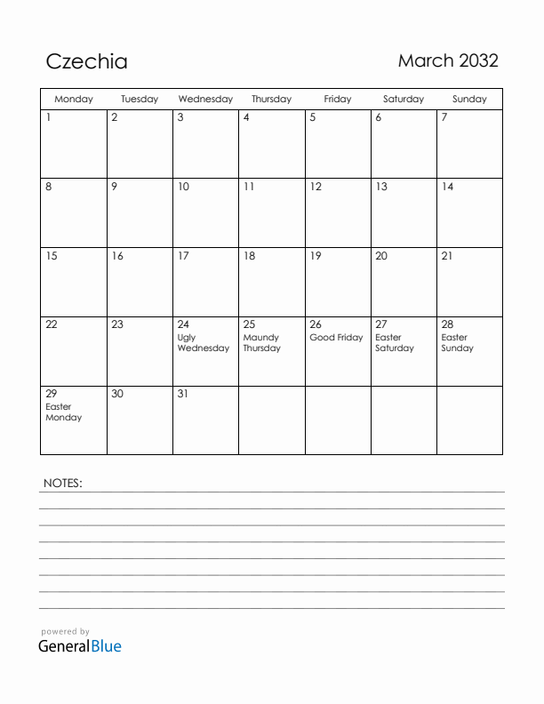 March 2032 Czechia Calendar with Holidays (Monday Start)