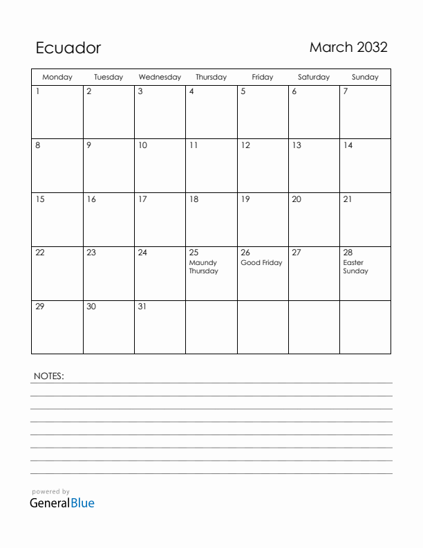 March 2032 Ecuador Calendar with Holidays (Monday Start)