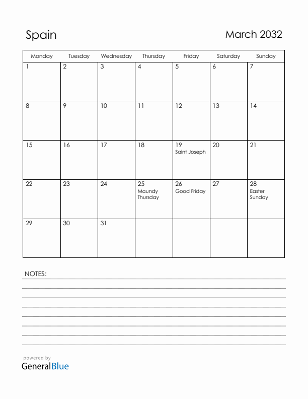 March 2032 Spain Calendar with Holidays (Monday Start)