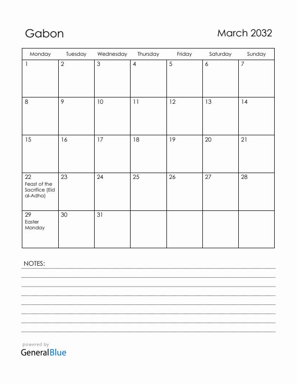 March 2032 Gabon Calendar with Holidays (Monday Start)