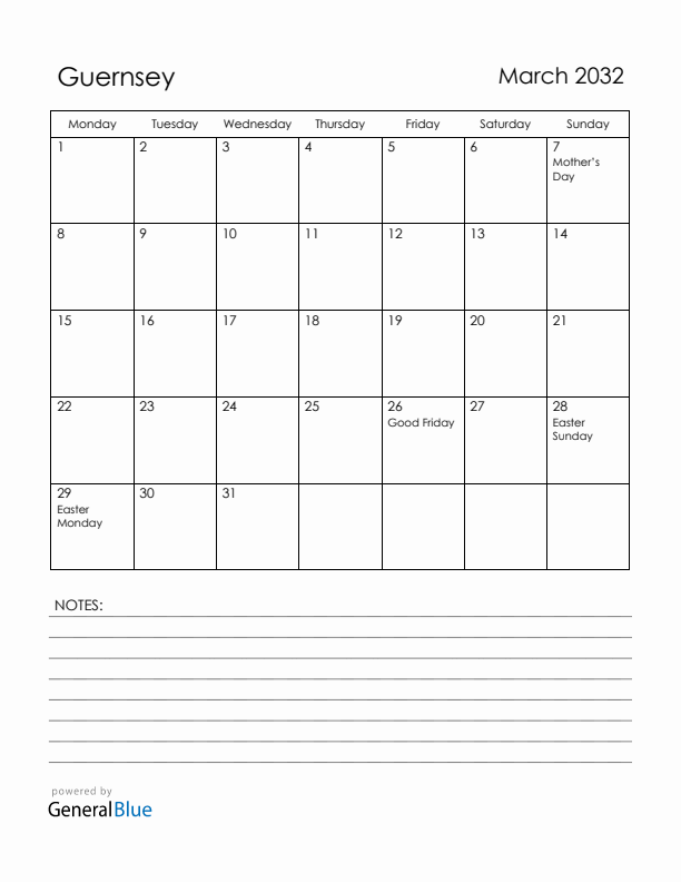 March 2032 Guernsey Calendar with Holidays (Monday Start)