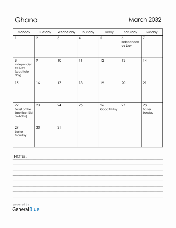March 2032 Ghana Calendar with Holidays (Monday Start)