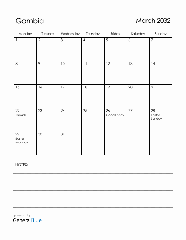 March 2032 Gambia Calendar with Holidays (Monday Start)