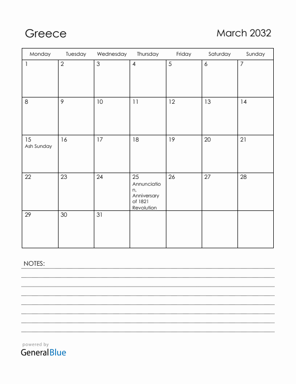 March 2032 Greece Calendar with Holidays (Monday Start)