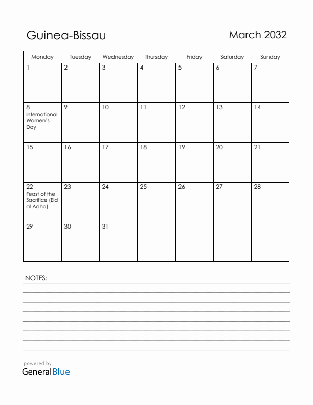 March 2032 Guinea-Bissau Calendar with Holidays (Monday Start)