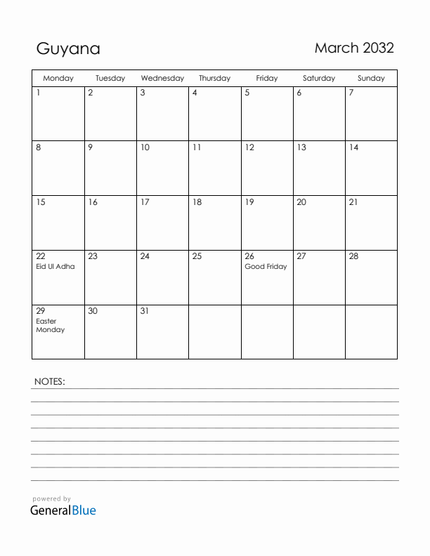 March 2032 Guyana Calendar with Holidays (Monday Start)