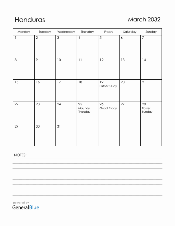 March 2032 Honduras Calendar with Holidays (Monday Start)