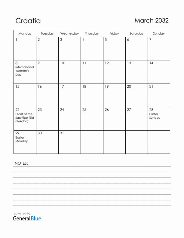 March 2032 Croatia Calendar with Holidays (Monday Start)