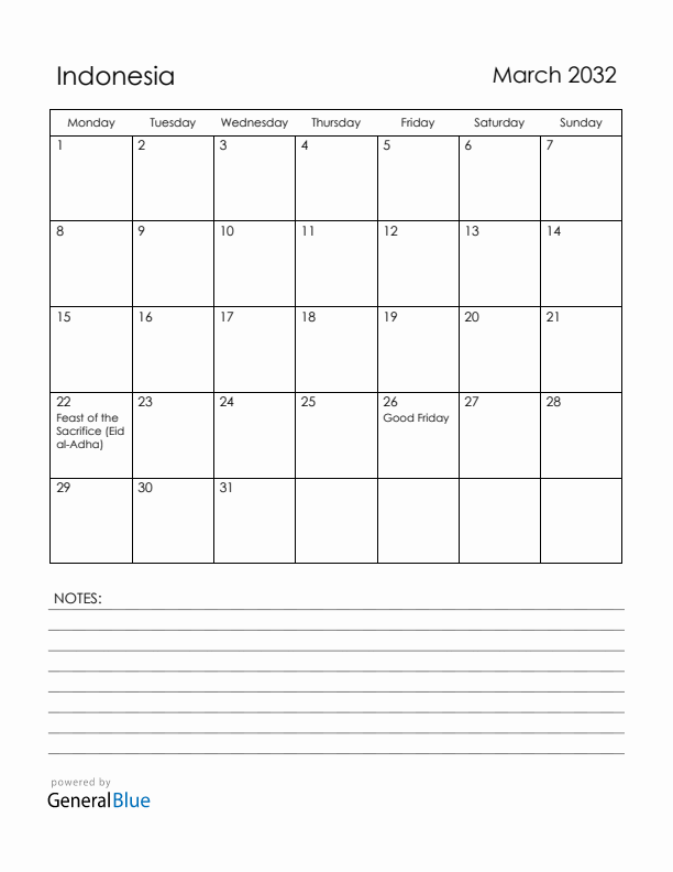 March 2032 Indonesia Calendar with Holidays (Monday Start)