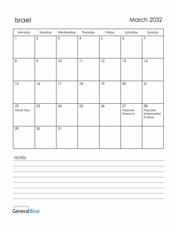 March 2032 Israel Calendar with Holidays (Monday Start)