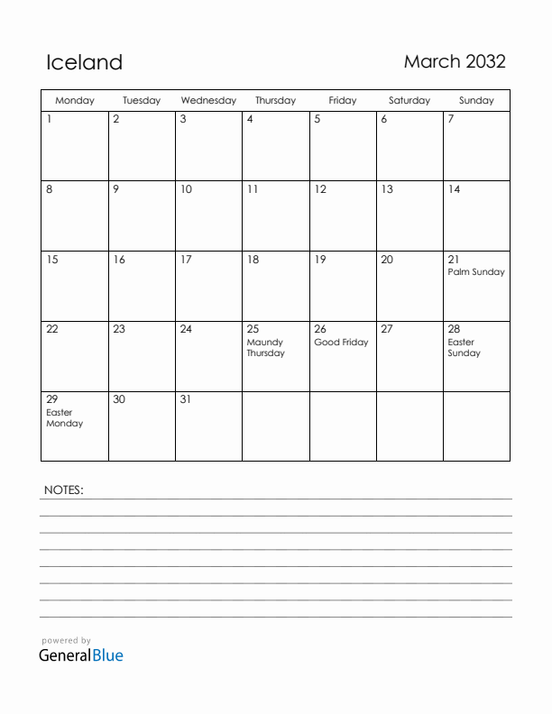 March 2032 Iceland Calendar with Holidays (Monday Start)
