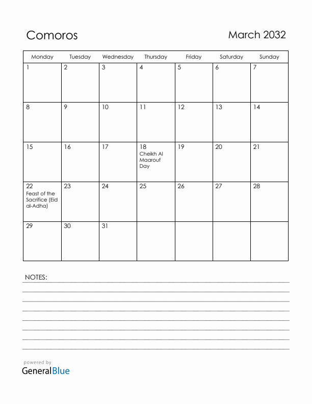 March 2032 Comoros Calendar with Holidays (Monday Start)